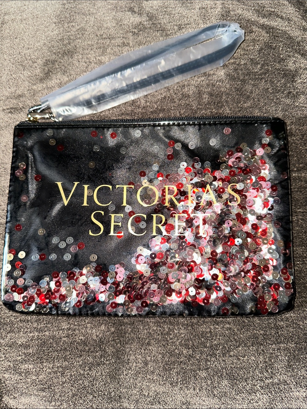 Victoria's Secret Black Sequin Wristlet with Red & Silver Accents